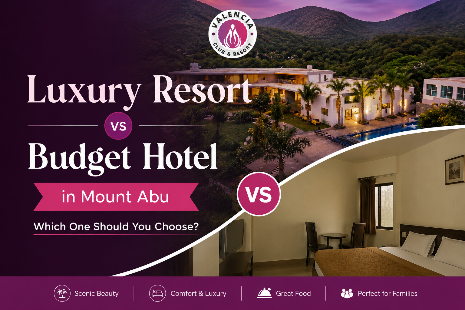 Luxury Resort vs Budget Hotel in Mount Abu – Valencia Club & Resort with swimming pool, mountain views and premium accommodation